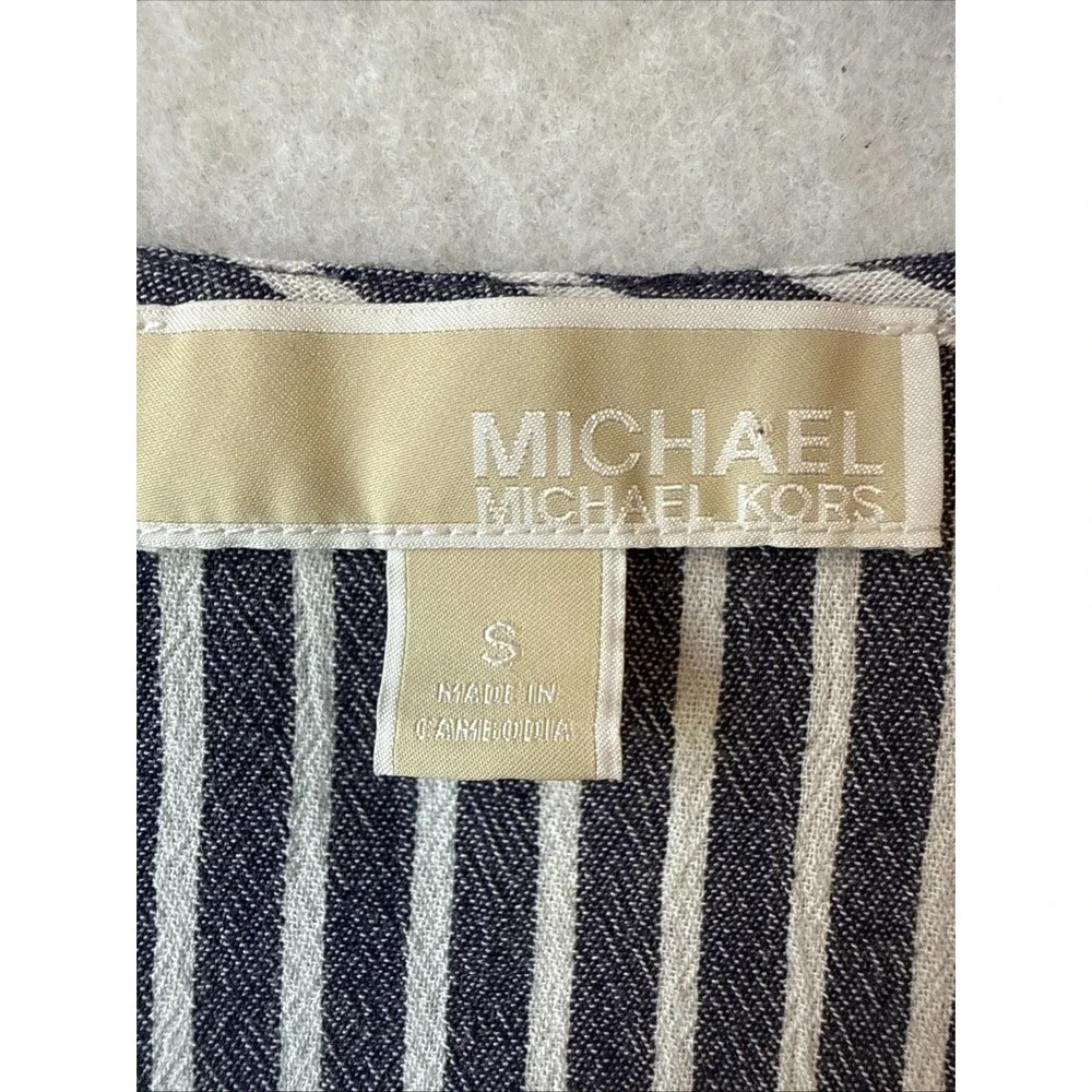Michael Kors Blue White Striped Ruffle Flutter Sleeve Wrap Bubble Top S Nautical